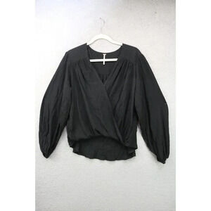Free People Black Long Puff Sleeve Wrap Top-Small/Petite-Oversized